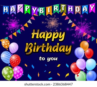 Happy birthday to you text with balloon and confetti decoration element for birth day celebration greeting card design. Vector illustration