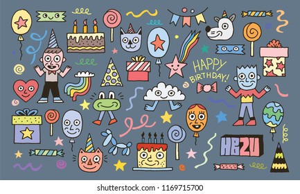 Happy Birthday To You! Wacky Doodle Characters Set 1 Color Vector Illustration 