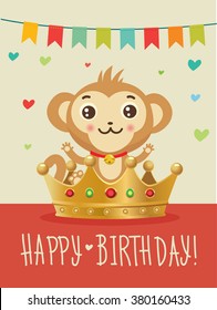 Happy Birthday to You.Chinese Zodiac - Monkey. Greeting card. Birthday image. Funny happy birthday. Birthday wishes. Happy birthday card. Monkey. Gold crown