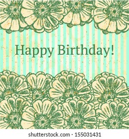 Happy Birthday with zinnia flowers, vector sketch background