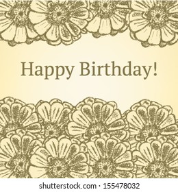 Happy Birthday with zinnia flowers, vector sketch background