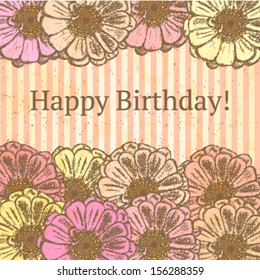 Happy Birthday with zinnia flowers, vector sketch background