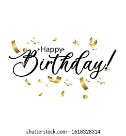 Happy Birthday.Beautiful greeting card scratched calligraphy black text word gold stars. Hand drawn invitation T-shirt print design. Handwritten modern brush lettering white background isolated vector