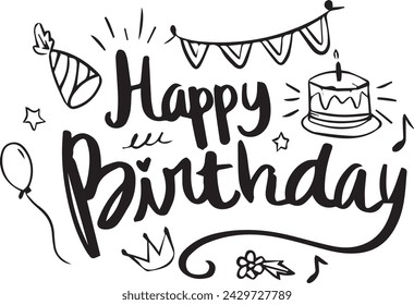 Happy Birthday.Beautiful Grußkarte gekratzt schwarze Kalligraphie Sterne Worte Gold Text. Handgezeichnetes Einladungs-T-Shirt-Print-Design. Handgeschriebene moderne Pinselbuchstaben isolierter weißer Hintergrund Vektor