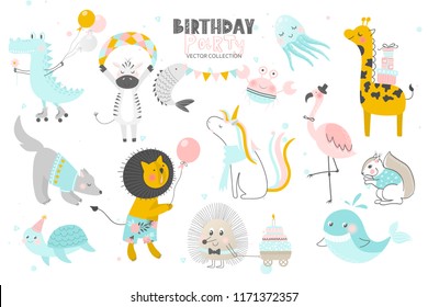 Happy Birthday.Cute Animals hand drawn style. Vector collection.