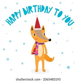 Happy Birthday,Cute Cartoon fox in christmas day,Cartoon happy fox,Flat vector illustration for prints, clothing, packaging and postcards, cute dog, christmas day