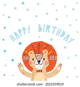 Happy Birthday,Cute greeting card with funny little lion, Cute doodle lion Vector illustration