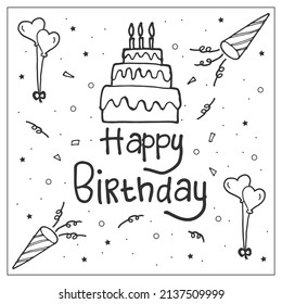happy birthday-hand drawn lettering with birthday cake and balloon illustration isolated on white background. hand drawn vector. birthday party. doodle art for greeting card, poster, banner,decoration