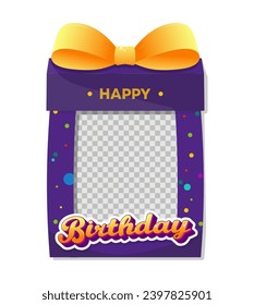 Happy Birthday.Photo frame in cartoon style of magical purple color in the form of a gift box with a yellow bow and bright confetti.Flat design.For photo booth, card, invitation.Vector illustration