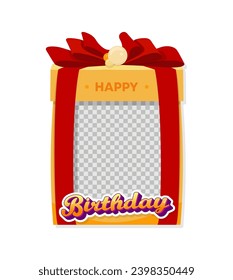 Happy Birthday.Photo frame in yellow color in the form of a gift box with red ribbons and a big bow.Trendy flat design template in cartoon style for photo booth, card, invitation.Vector illustration