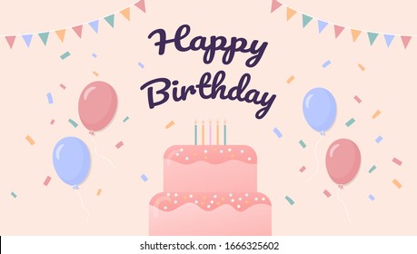 Happy Birthday's day greeting card or banner with big cake and balloon. Shopping promotion template for birthday. Digital craft paper art.