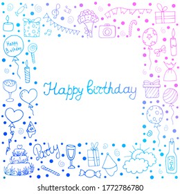 Happy Birthday.White background. . Vector file. Cute set with cake, balloons, candles, sweets.  Doodle style. Heart.Vector isolated illustration with elements for a holiday