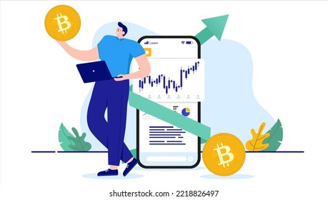 Happy Bitcoin Investor - Smiling Person Standing With Crypto Currency Coin In Hand And Phone Screen With Rising Chart And Green Arrow Going Up. Flat Design Vector Illustration With White Background