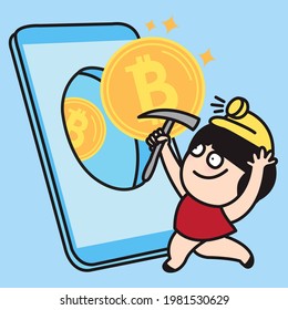 Happy Bitcoin Mining Girls Waiting For Bitcoin Flies Out Of The Phone. Crypto Currency Concept Card Character illustration