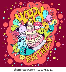 Happy bithday card with cute monsters. Design cartoon funny characters. Template card or banner for invitation, celebration party