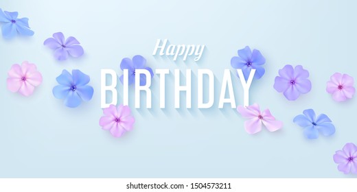 Happy Bithday horizontal card with delicate flowers in pastel colours on a light blue background. Phlox flowers. Vector illustration