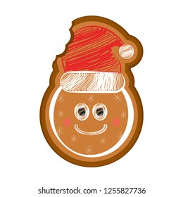 Happy bitten christmas ball gingerbread with a christmas hat. Vector illustration design