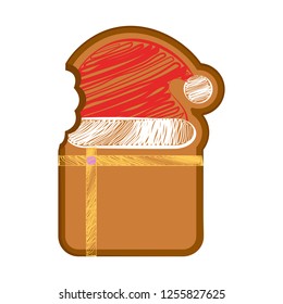 Happy bitten gift box gingerbread with a christmas hat. Vector illustration design