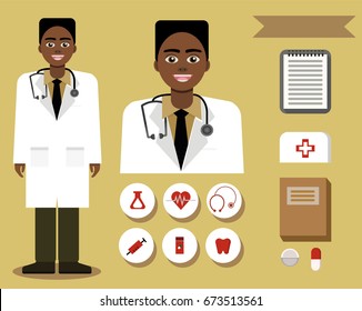 Happy Black African American Doctor Surgeon Dentist Cardiologist Surgeon and Set of Medical Icons Syringe, Pills, Tooth,Stethoscope, Notepad, Hat Etc - Vector Illustration