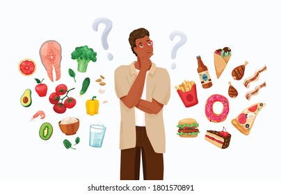 Happy Black African American Man Thinking About Choosing Menu. Choice Between Healthy And Unhealthy Food Concept Vector Background. Difficult Choosing. Flat Illustration In Cartoon Style.