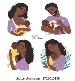 happy Black african american parents hug their newborn baby. Set of cute clipart