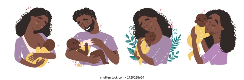 happy Black african american parents hug their newborn baby. Set of cute clipart