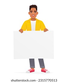 Happy black African man holds an empty poster. A white poster for advertising. Vector illustration in cartoon style on a white background.