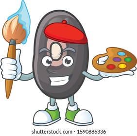 Happy black beans painter cartoon icon with brush
