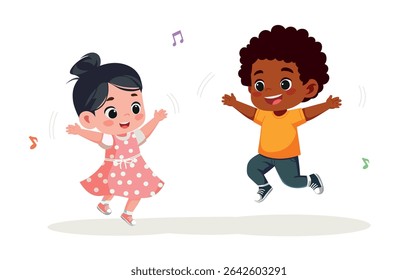 Happy Black Boy and Asian Girl Jumping – Cartoon Vector Illustration	