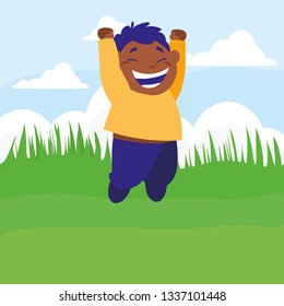 happy black boy celebrating in the camp