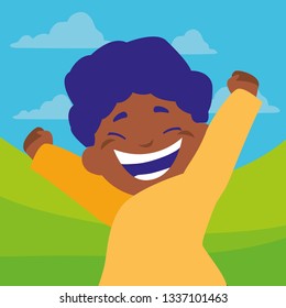 happy black boy celebrating in the camp