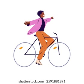 Happy black boy cycling without hands. Joyful bicyclist spreads arms, smiles, rides a bicycle. Young man, cyclist has fun, does tricks on bike. Flat isolated vector illustration on white background