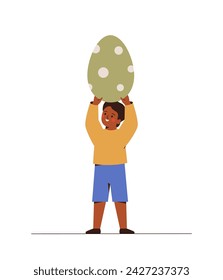 Happy black boy holding big easter egg over the head. Male child celebrating Easter holiday and hunting sweets. Vector illustration