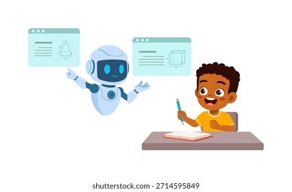 Happy Black Boy Lernen mit Roboter Tutor am Schreibtisch studieren Geometrie mit einem fröhlichen Ausdruck