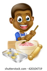Happy black boy playing at being a baker stirring cake mix in a bowl