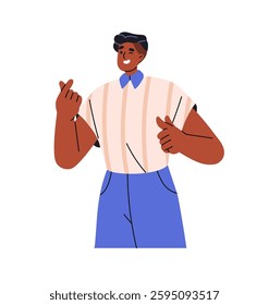 Happy black boy shows hand gesture of love sign, Korean heart. Young man points forward at you, winks. Joyful person indicates on choice with index finger. Flat isolated vector illustrations on white