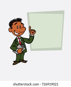 happy black businessman is showing, as in a presentation, the data you want. He has a folder in his hand.

