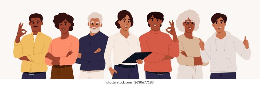 Empresários negros felizes em pé juntos. Retrato de grupo de homens e mulheres colegas. Ilustração de vetor plano isolada em fundo branco.