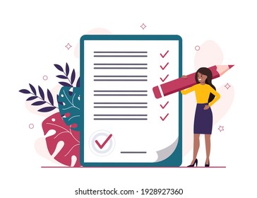 Happy black businesswoman holding pen or pencil, looking at the checklist on clipboard. To-do list and planning project with office supplies