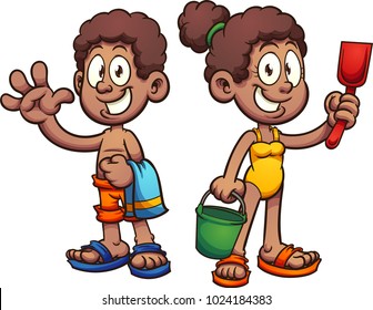 Happy black cartoon kids in swimsuits. Vector clip art illustration with simple gradients. Each on a separate layer. 
