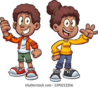 Happy Black Cartoon Kids Waving. Vector Clip Art Illustration With Simple Gradients. Each On A Separate Layer. 
