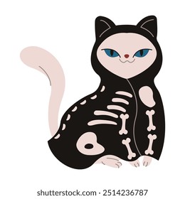 Happy black cat dressed as skeleton flat color vector illustration. Feline animal in spooky costume Halloween character icon on white background