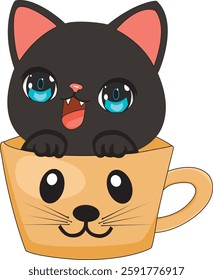 Happy Black Cat Hiding In Coffee Mug Vector