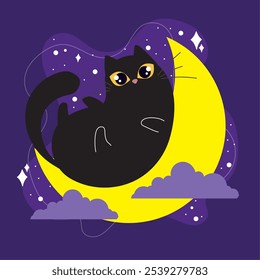 Happy black cat lounging on a crescent moon with stars and clouds, Vector illustration