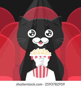Happy black cat in movie theater holding popcorn bucket. Cute cat watching a movie in movie hall with red seats and spotlight. Vector illustration