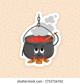 Happy black cauldron on the campfire, hand drawn vector illustration. Cute pot cook the dinner. Playful cartoon character with happy face sticker. Camping concept element for children books.