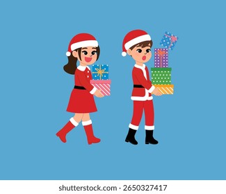 happy black children character carry stack of christmas gift, smile boy and girl cartoon wear Santa Claus costume with festive present illustration