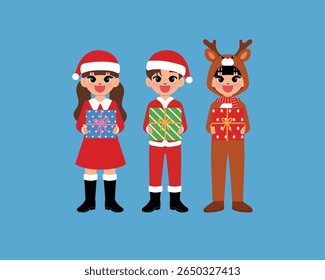 happy black children character hold christmas gift, smile boy and girl cartoon wear Santa Claus and reindeer costume with festive present illustration