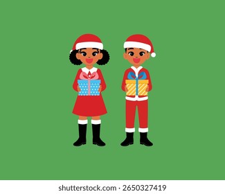 happy black children character hold christmas gift, smile boy and girl cartoon wear Santa Claus costume with festive present illustration