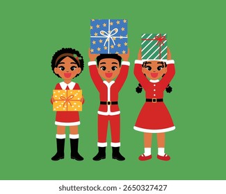happy black children character hold christmas gift, smile boy and girl cartoon wear Santa Claus costume with festive present illustration
